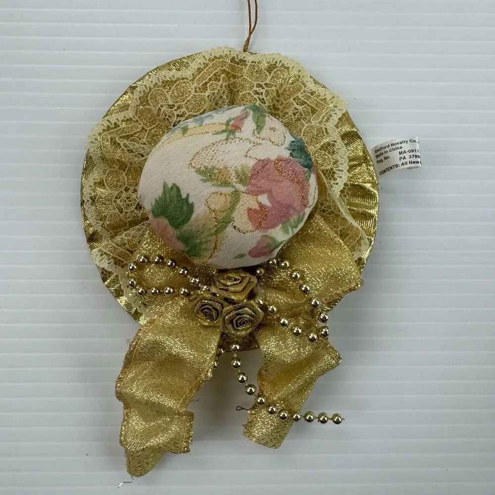 Bradford Novelty Victorian Hat & Parasol Ornaments Gold Lace Floral Fabric Set